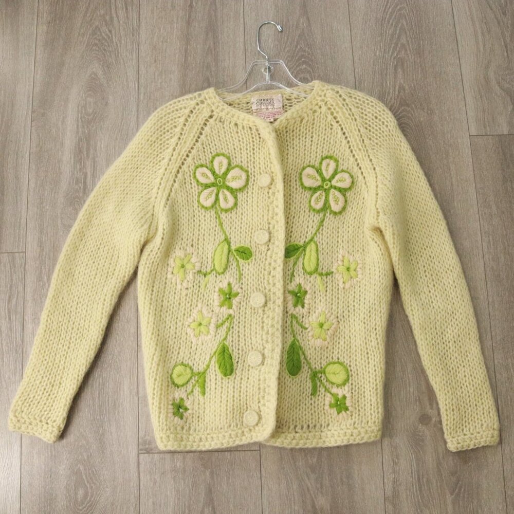 Vtg Campus Casuals Cardigan Sweater Women S Yellow Spring  Crewel Floral Mohair